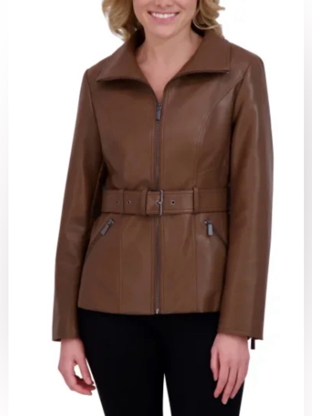 Kenneth Cole Brown Faux Leather Belted Moto Jacket Zip Front Size L NWT